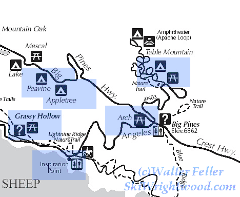 Forest map of snow play areas in and near Wrightwood